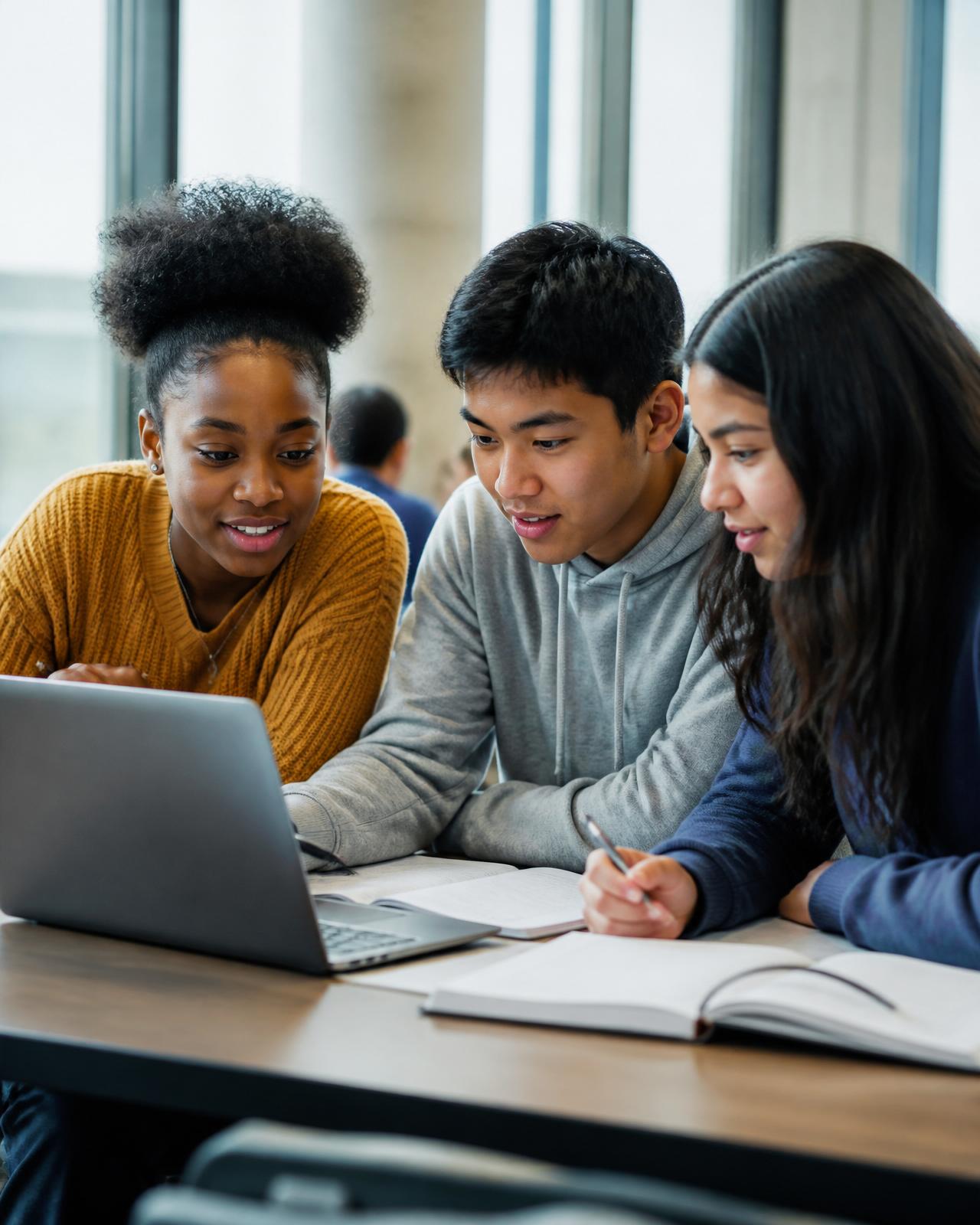 Three diverse teenage students collaborating around a laptop in a bright learning space
