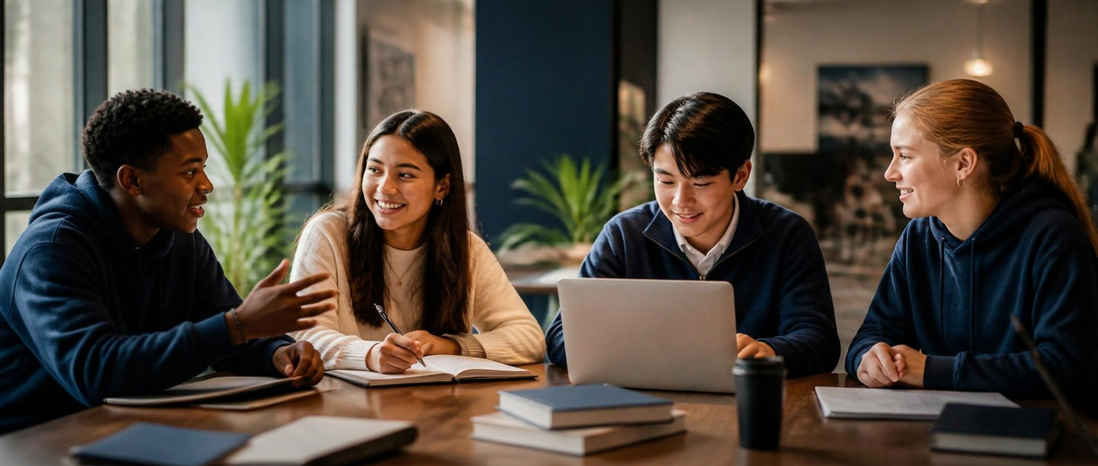 A diverse group of teenage students collaborating on a project around a laptop